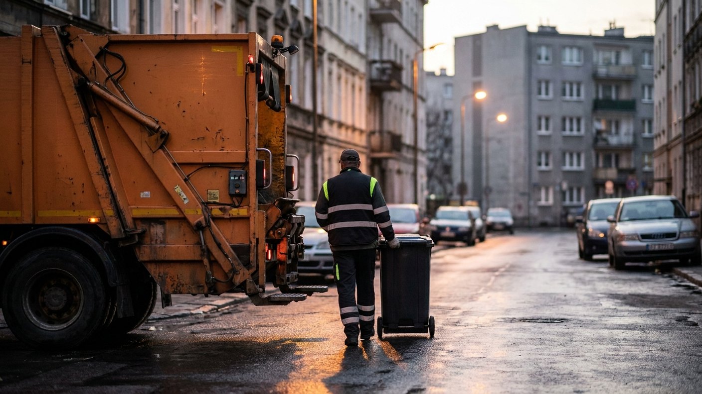 Dlaczego śmieci drożeją Dlaczego śmieci drożeją — śmieciarka i pracownik odbioru odpadów, koszty paliwa i wynagrodzeń