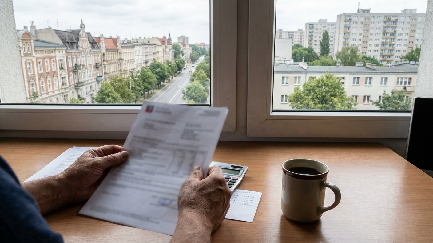 Opłata za śmieci w domowym budżecie Opłata za śmieci w domowym budżecie — rachunek, odczyt wodomierza i kalkulator na stole