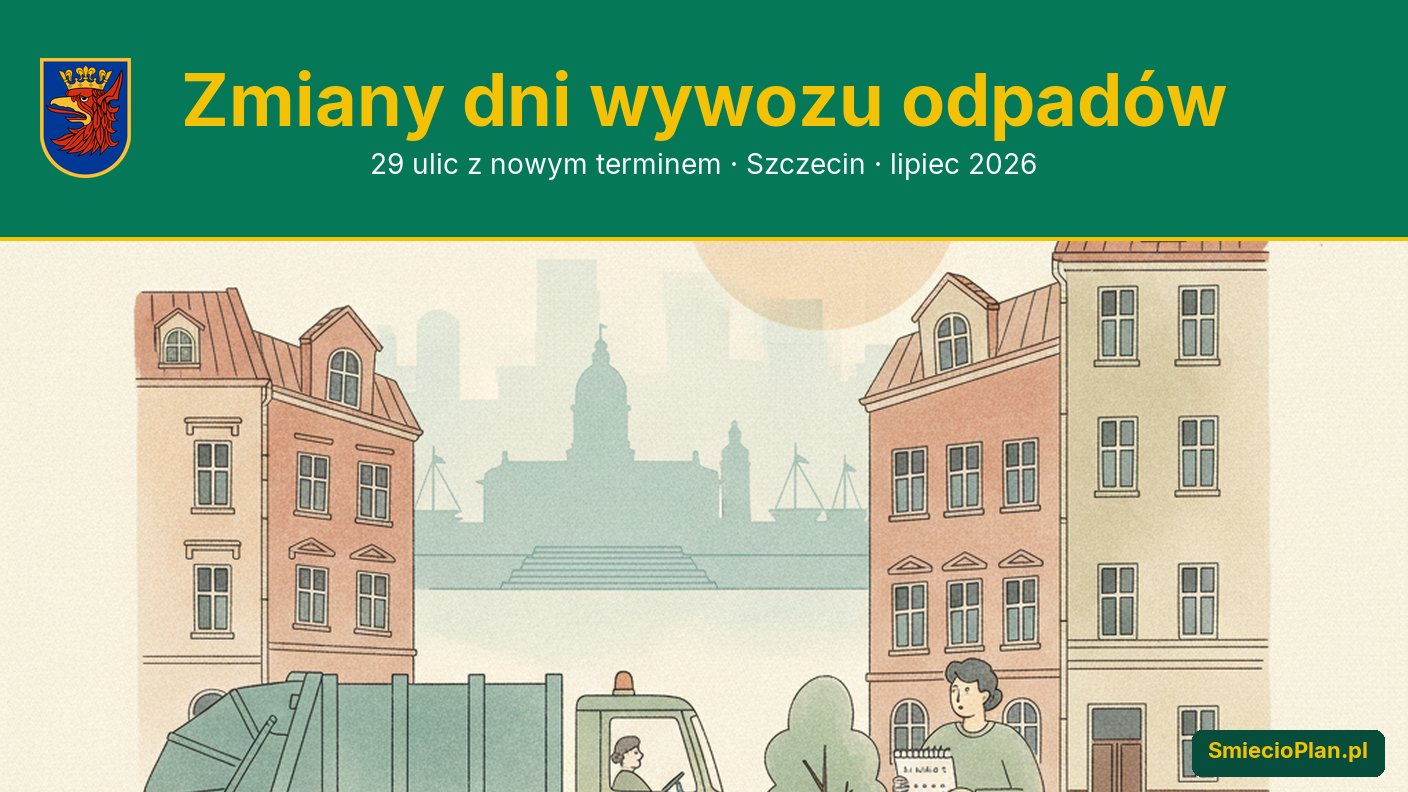 Nowy harmonogram wywozu śmieci Szczecin 2026: pełna tabela zmian dla 51 ulic