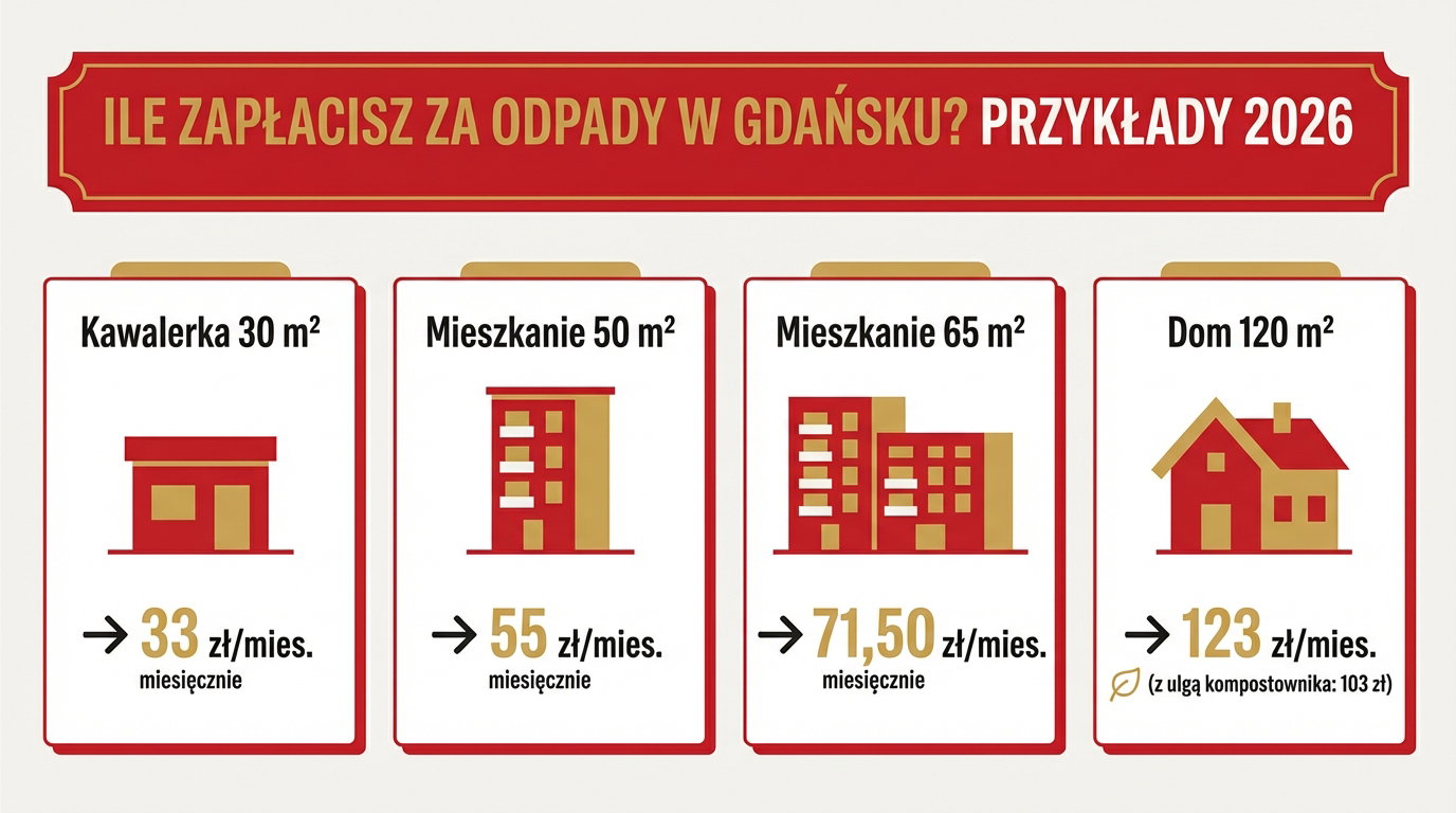 Przykładowe miesięczne opłaty za wywóz śmieci w Gdańsku w 2026 roku dla kawalerki, mieszkania i domu