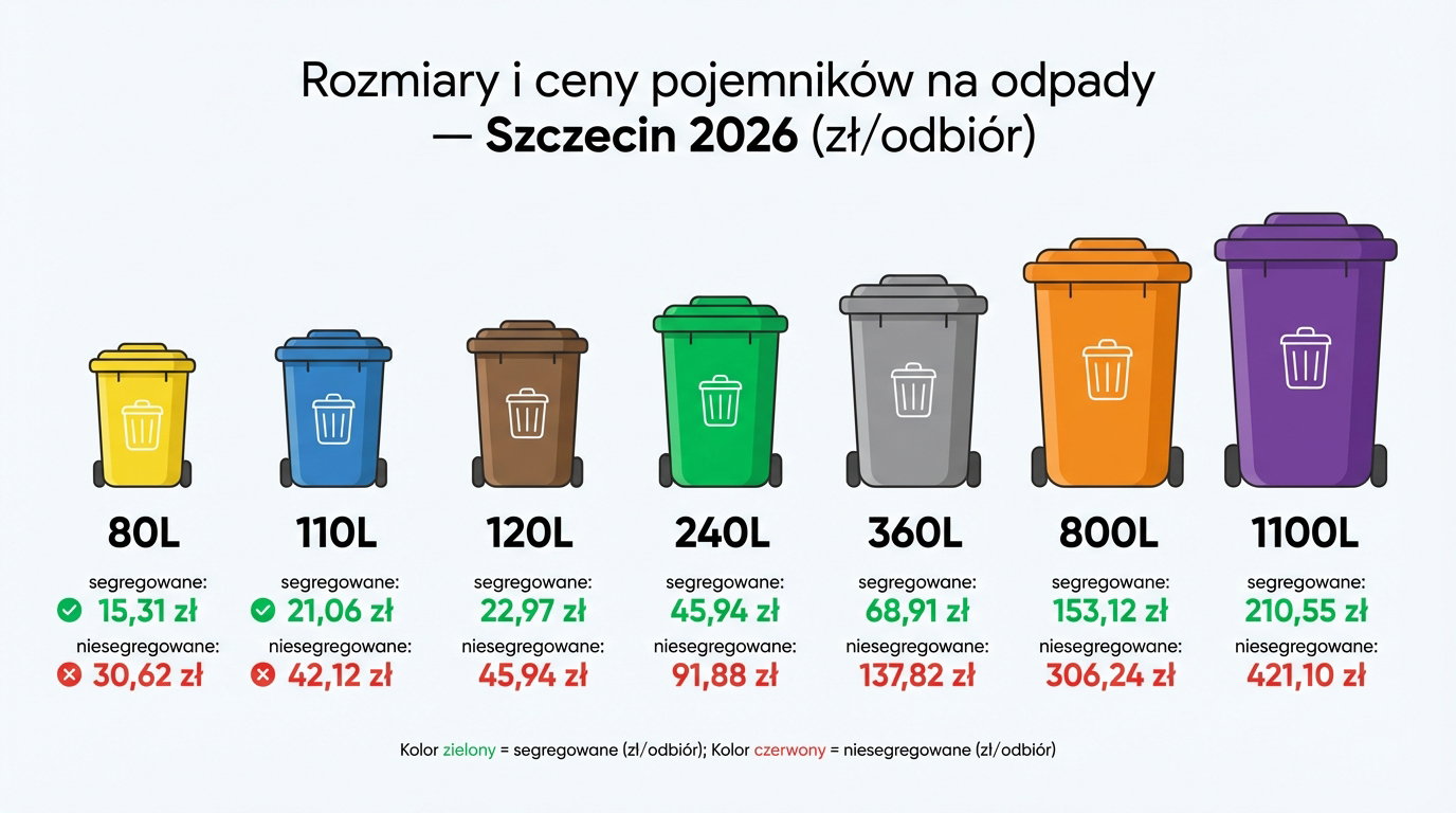 Cennik pojemników na odpady segregowane i niesegregowane w Szczecinie od 80L do 1100L