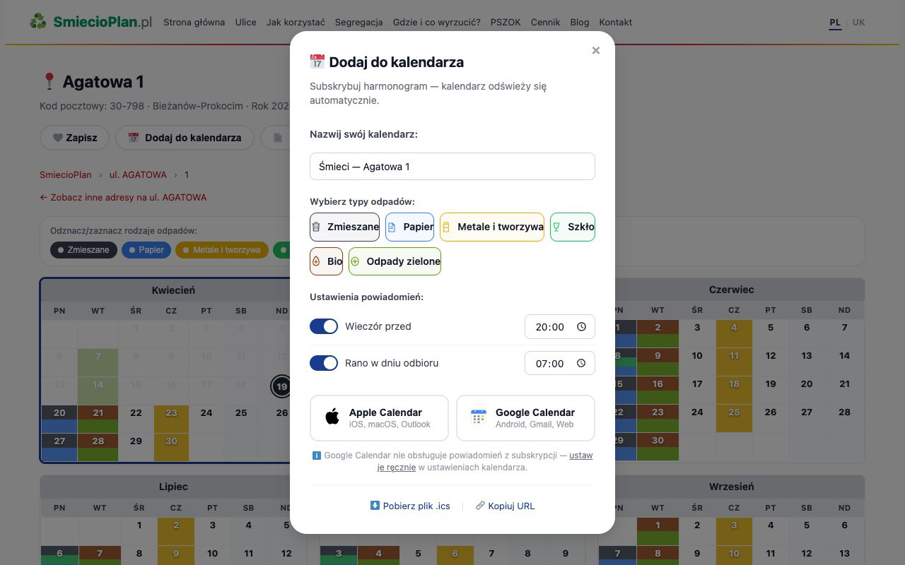 Krok 4: Okno eksportu harmonogramu MPO Kraków — Apple/Google Calendar, ICS, powiadomienia