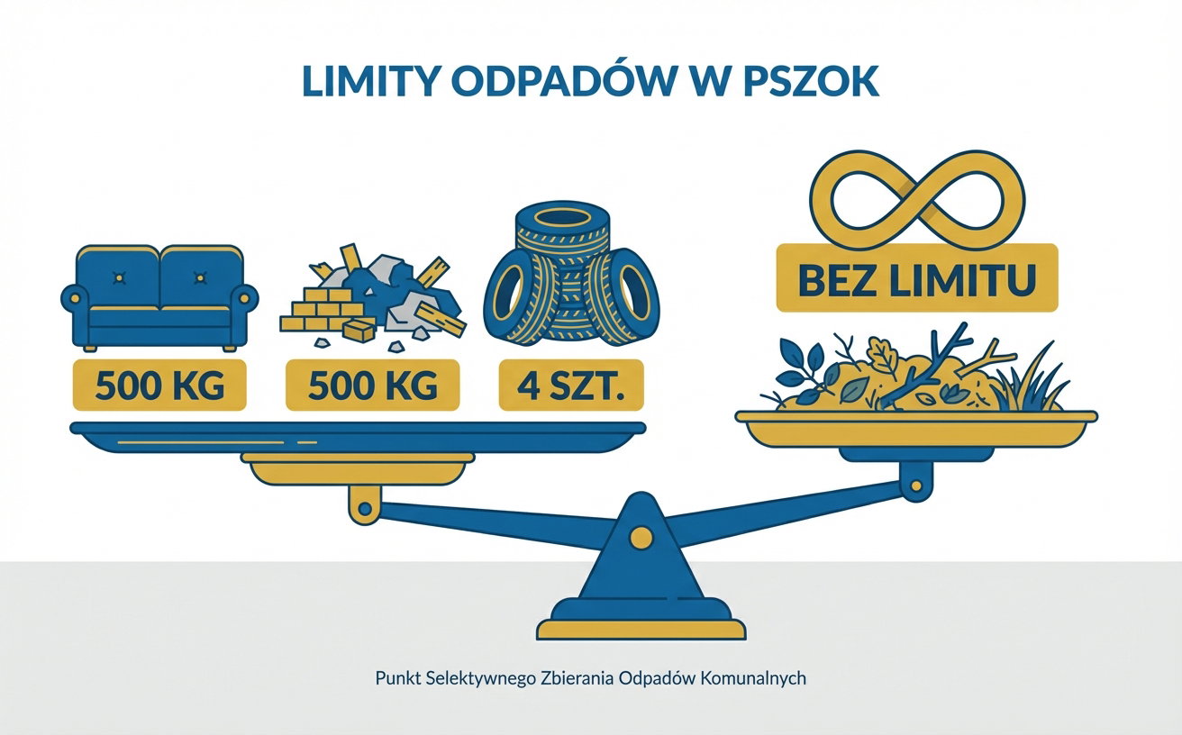 Roczne limity odpadów w PSZOK Gdynia: 500 kg mebli, 500 kg budowlanych, 4 opony, zielone bez limitu