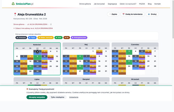 Przejrzysty kalendarz roczny odbioru śmieci w Gdańsku z podziałem na frakcje i kolorami, synchronizacja z kalendarzami.