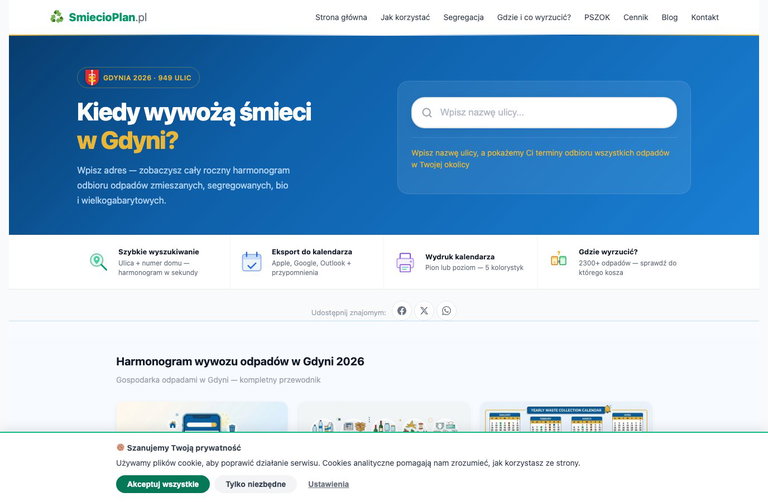 Wyszukiwarka harmonogramów wywozu odpadów w Gdyni — sprawdź terminy odbioru śmieci, segregacji i odpadów wielkogabarytowych.