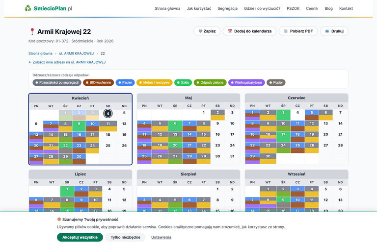 Kalendarz odbioru śmieci w Gdyni z zaznaczonymi datami dla 8 frakcji segregacji odpadów.