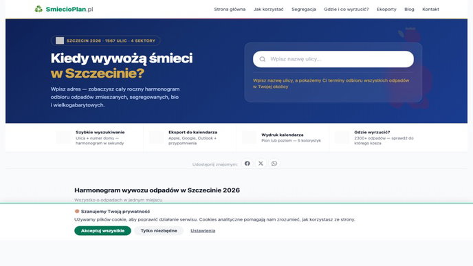 Harmonogram wywozu odpadów w Szczecinie — sprawdź kalendarz odbioru śmieci, segregacji i bio dla swojej ulicy.