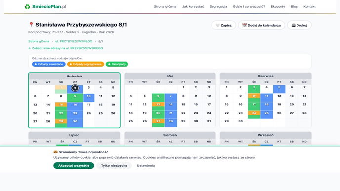 Kolorowy kalendarz odbioru śmieci w Szczecinie z podziałem na segregację odpadów i harmonogramem wywozu.