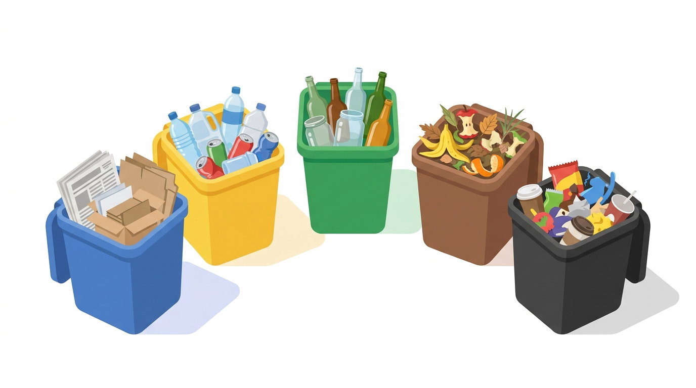 5 pojemników segregacji w Krakowie: niebieski papier, żółty plastik i metal, zielony szkło, brązowy bio, czarny zmieszane