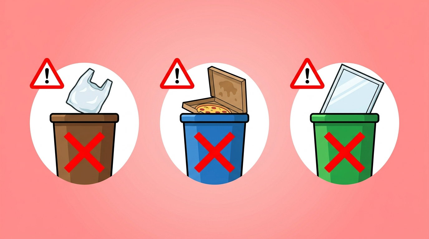 Najczęstsze błędy segregacji Kraków: worek foliowy w bio, zatłuszczony karton po pizzy w papierze, szyba okienna w szkle