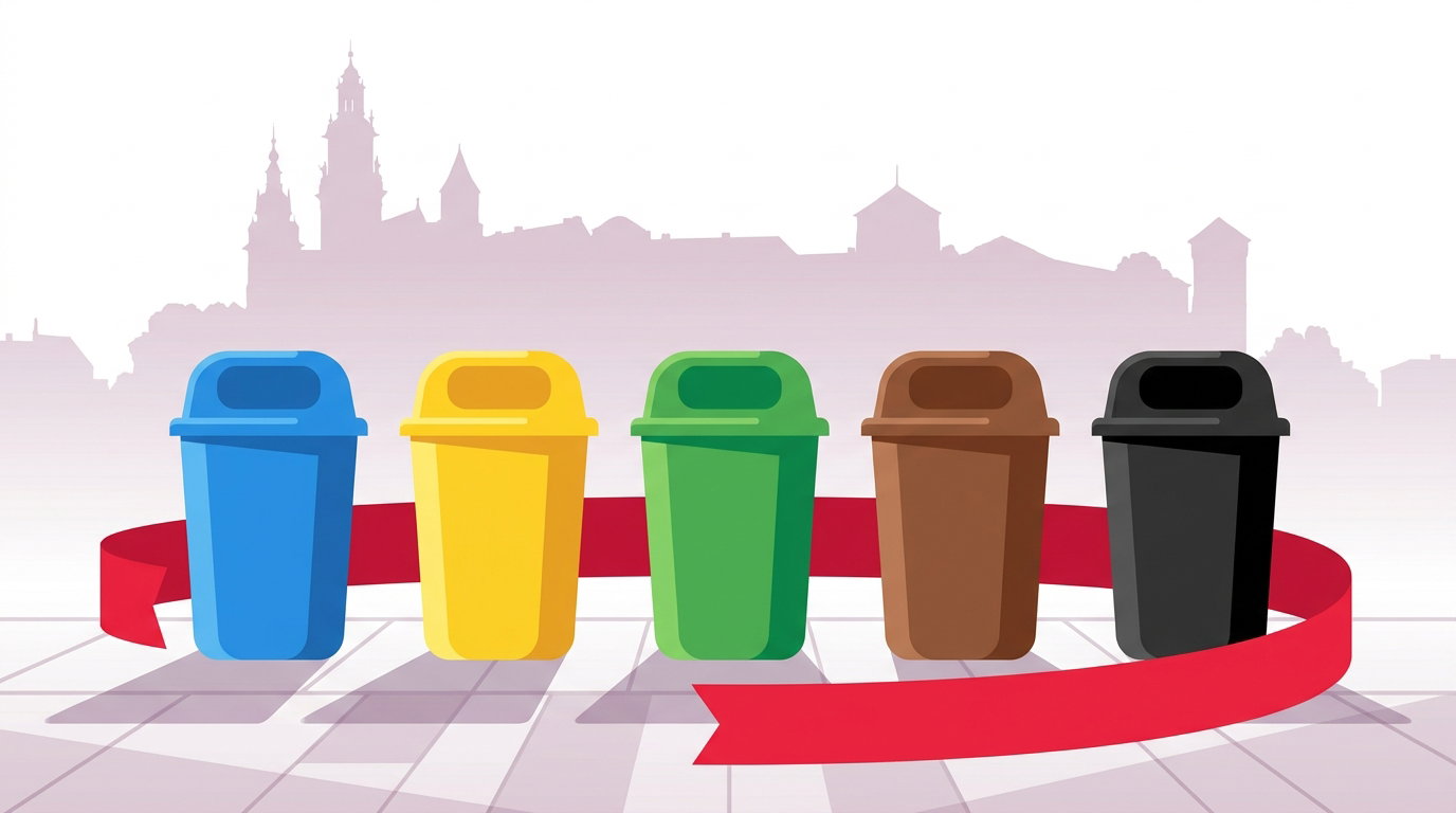 Segregacja odpadów Kraków — 5 pojemników JSSO, MPO Kraków, PGOW Barycz