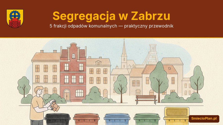 Segregacja odpadów w Zabrzu — 5 kolorowych pojemników (czarny, brązowy, niebieski, zielony, żółty) na ulicy z kamienicami i szybem kopalnianym w tle