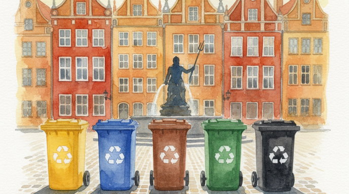 Prawidłowa segregacja śmieci w Gdańsku — 5 frakcji odpadów: żółty, niebieski, zielony, brązowy, czarny. Harmonogram wywozu śmieci.