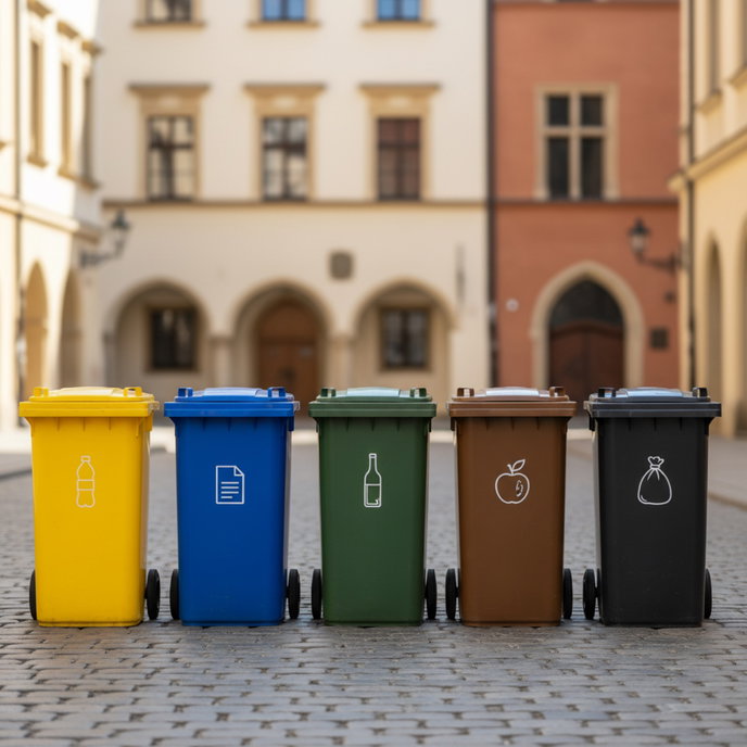 Zasady segregacji odpadów w Krakowie: 5 pojemników JSSO do papieru, tworzyw, szkła, bio i zmieszanych śmieci.