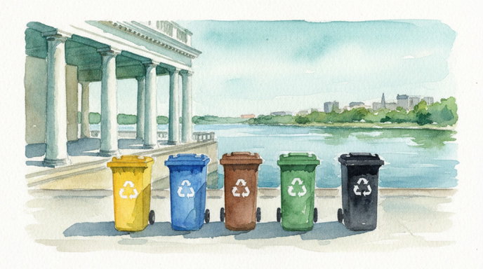 Segregacja odpadów w Szczecinie — 5 kolorów pojemników: żółty, niebieski, zielony, brązowy, czarny. Sprawdź harmonogram odbioru śmieci.